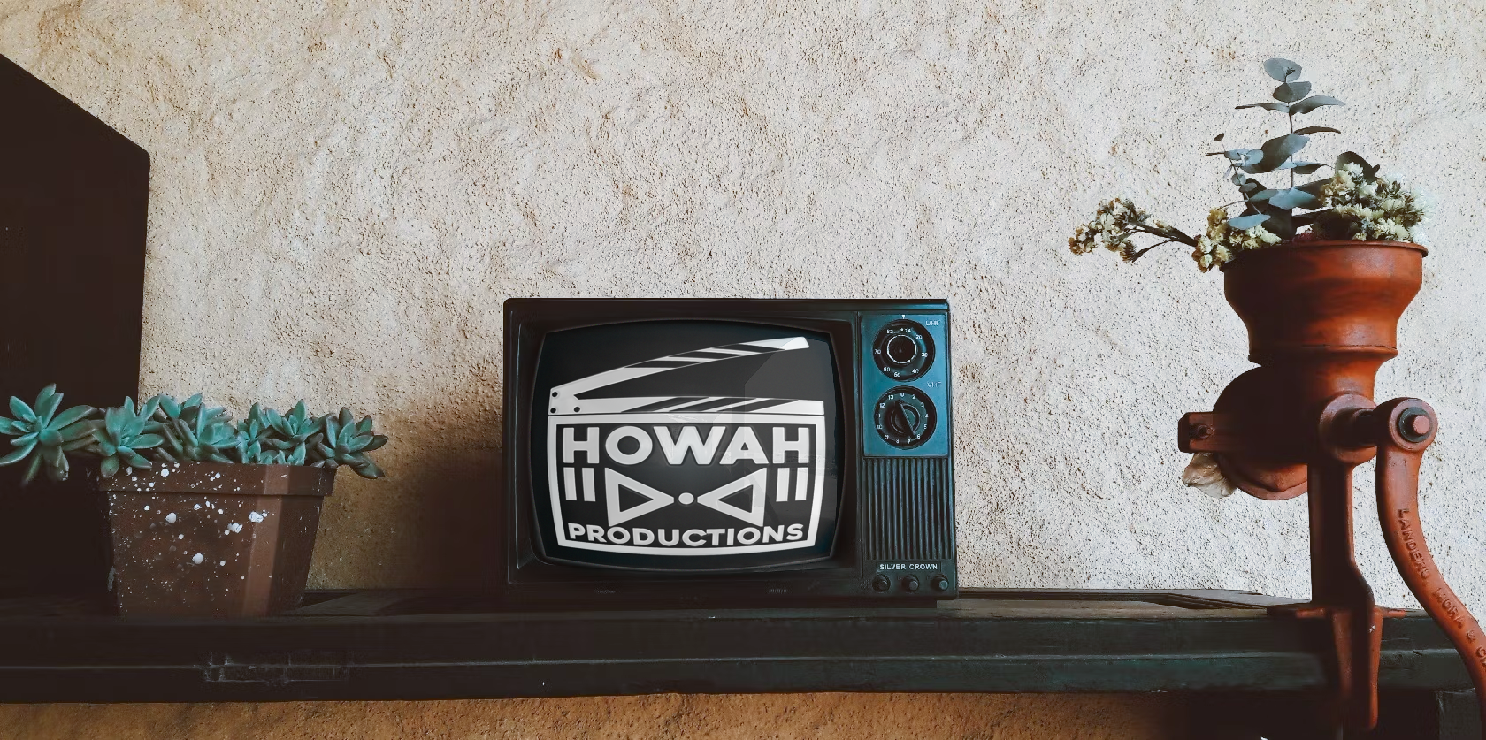 A television on a table with the Howah Productions logo displayed. Plants in pots are on either side.